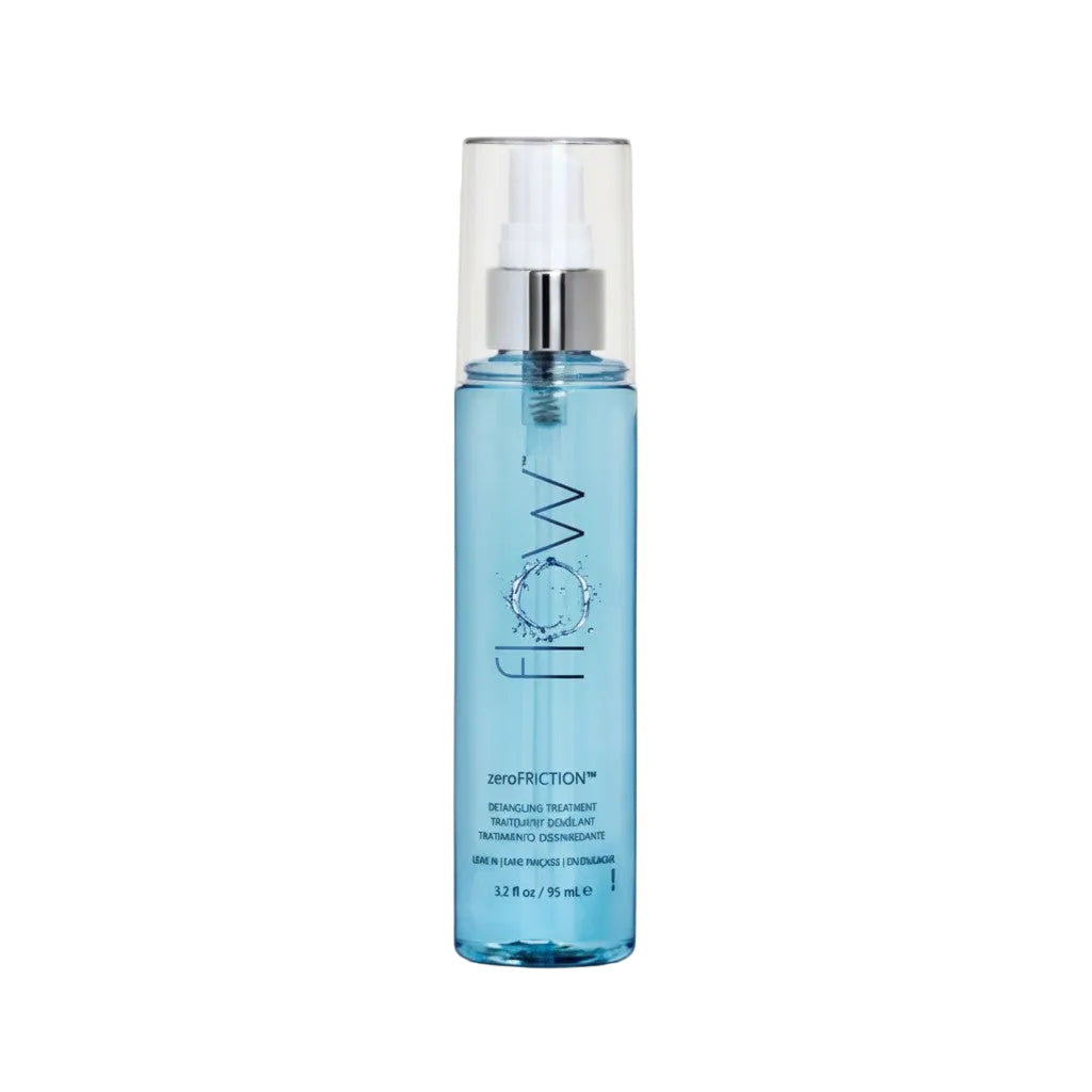 Blue spray bottle labeled 'flow' on a light background