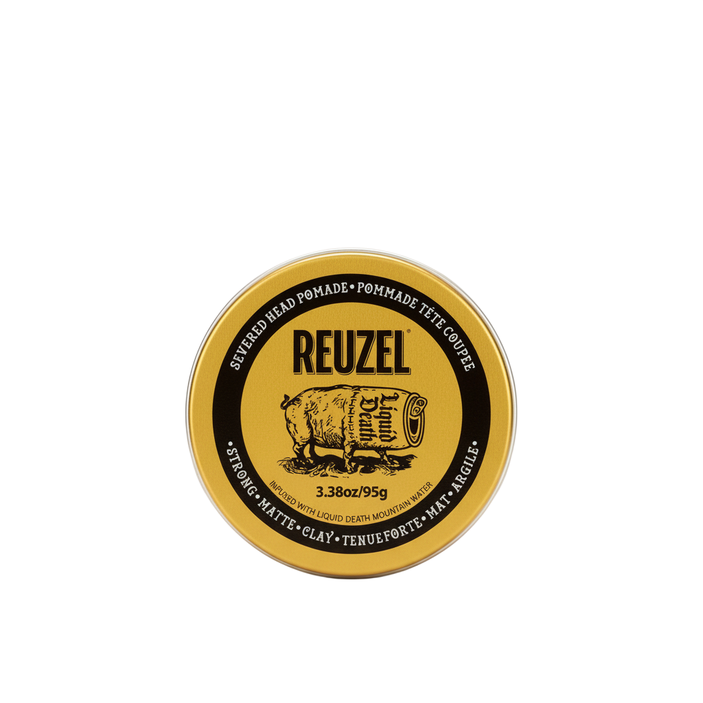 Reuzel pomade jar with gold lid and black label on a white background