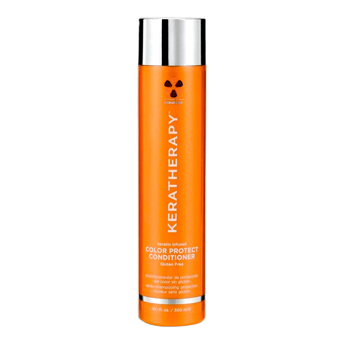 A tall orange bottle of KeraTherapy Color Protect Conditioner with a reflective silver cap, centered on a plain white background.