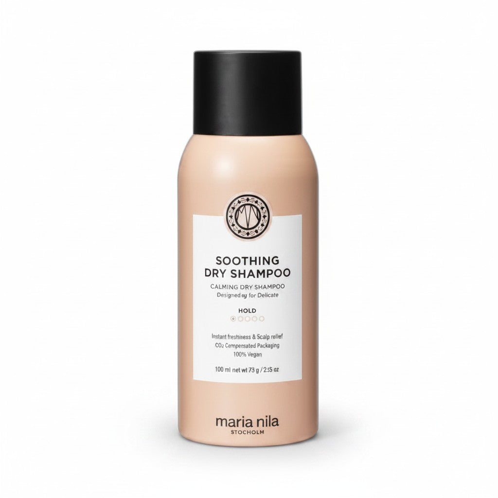 Maria Nila Soothing Dry Shampoo in a 100ml bottle with a beige body, white label, and black cap, set against a plain white background.