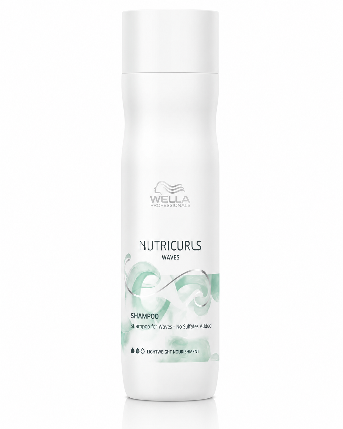 A white bottle of Wella Professionals Nutricurls Waves Shampoo on a clean white background.