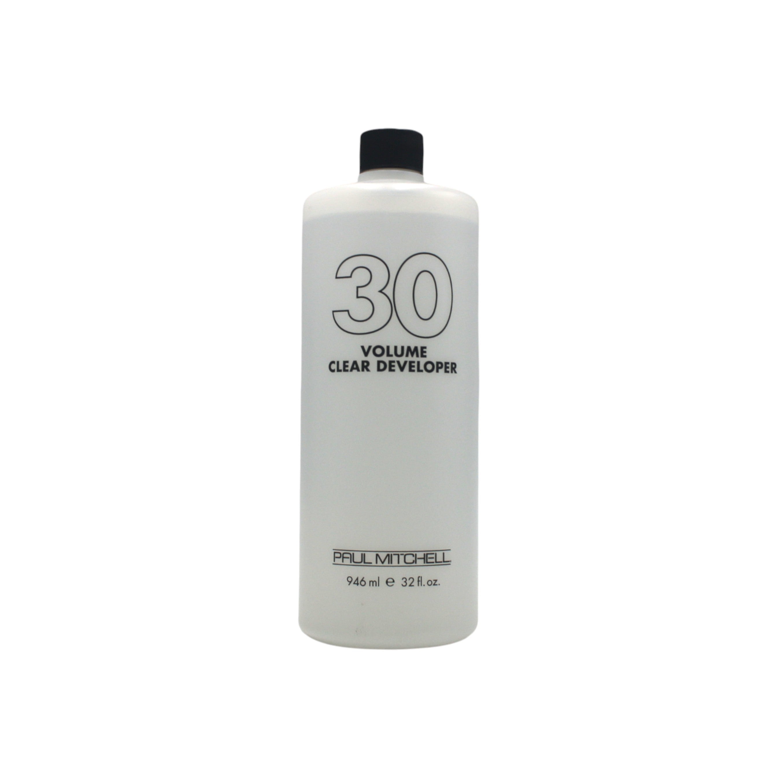 Bottle of Paul Mitchell 30 Volume Clear Developer on a white background