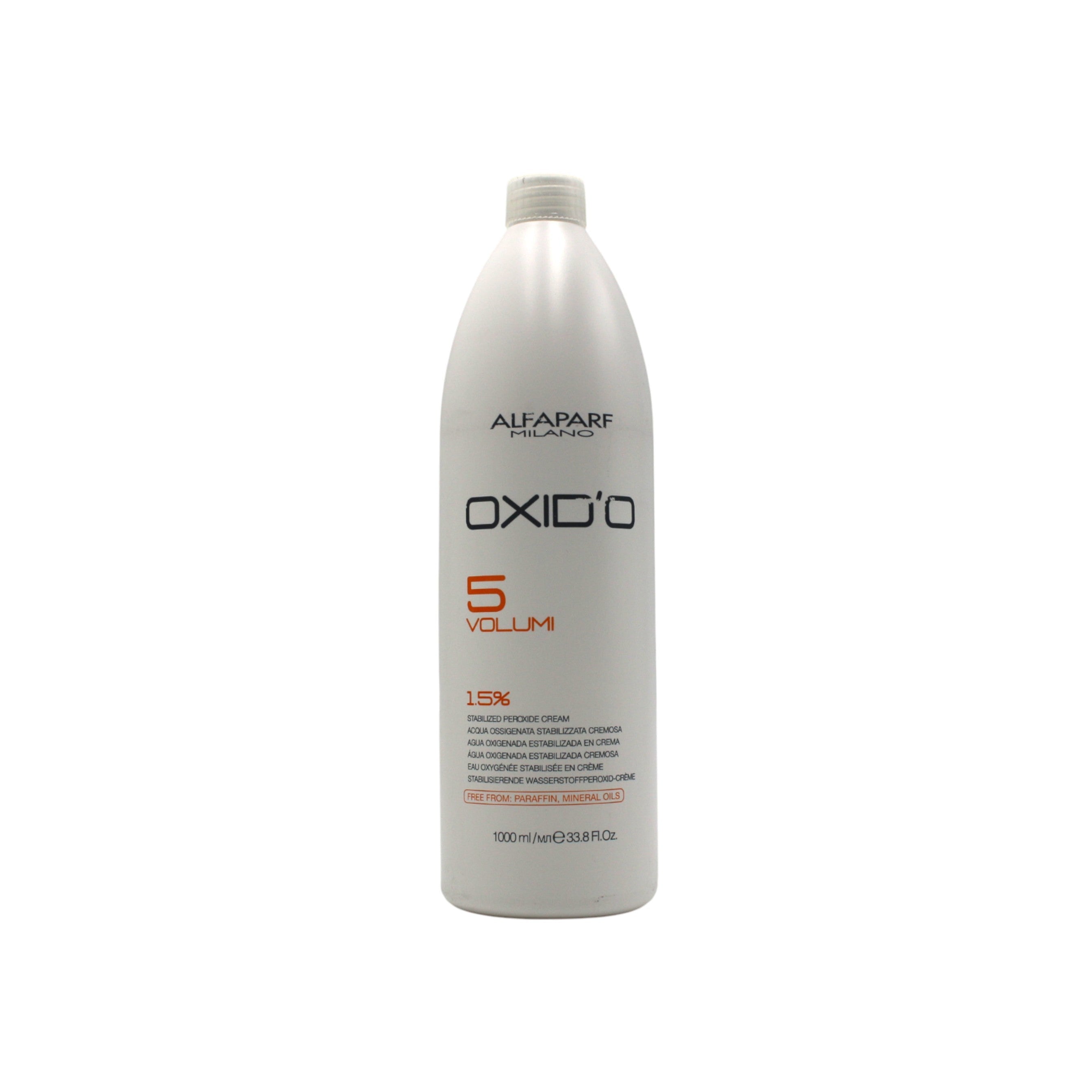 White bottle of Alfaparf Oxic 5 Volume hair product on a white background