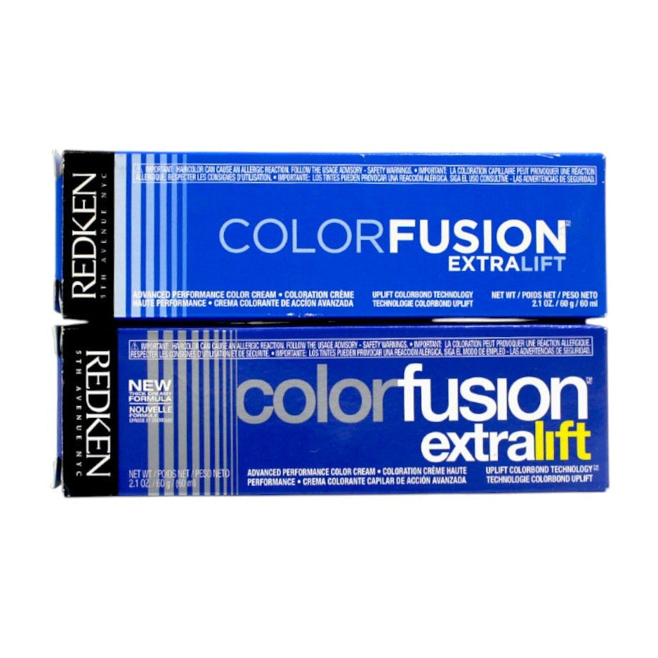 Two boxes of Redken Color Fusion Extra Lift hair color on a white background