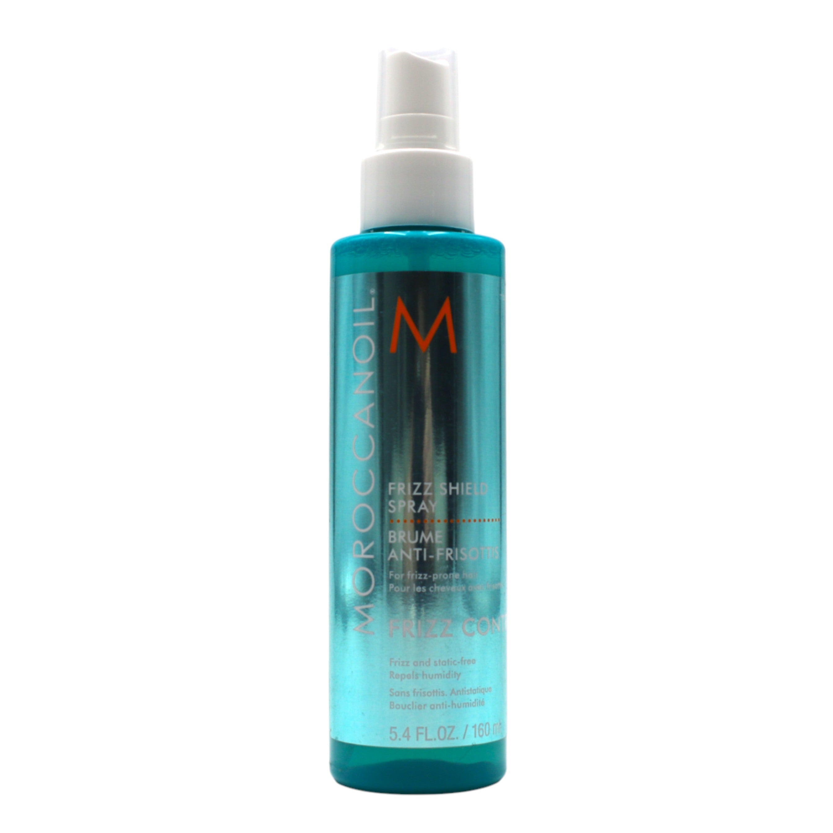 Moroccanoil styling spray bottle on a white background