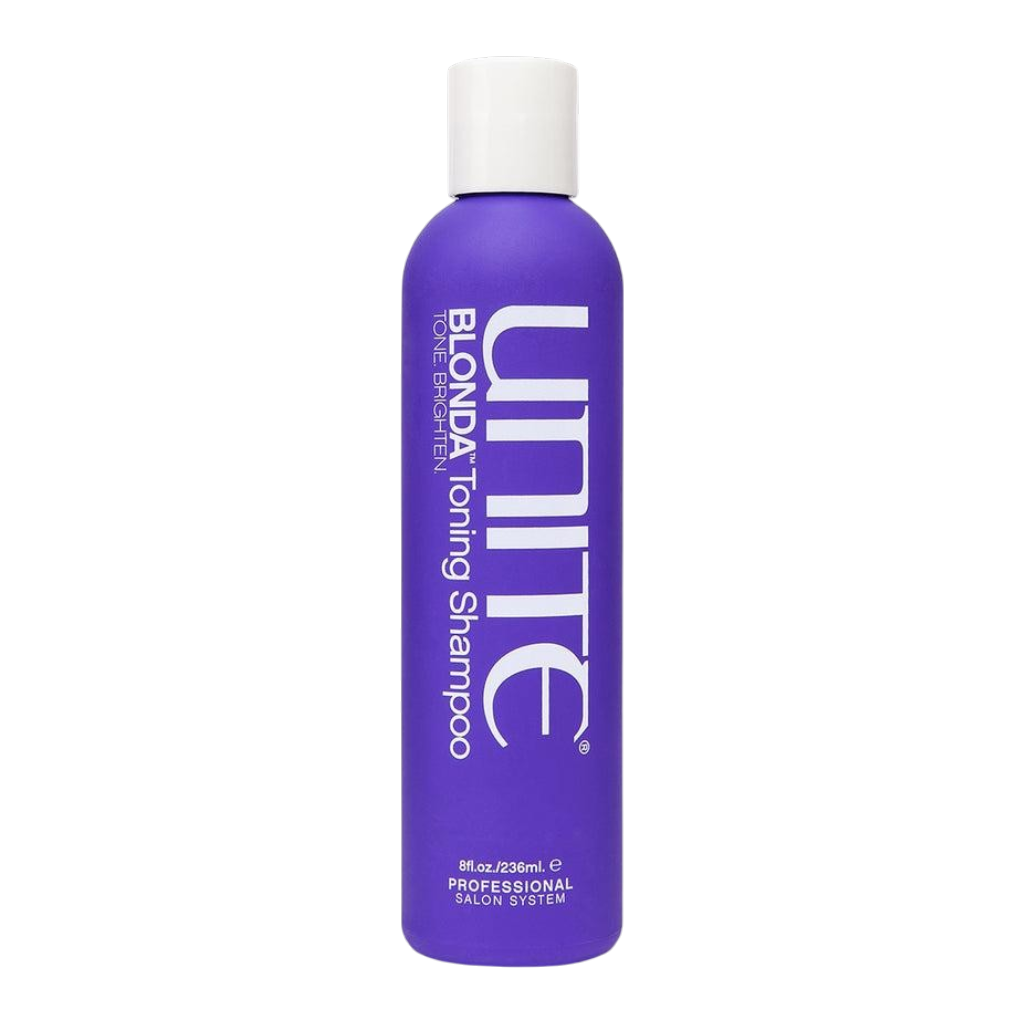 Purple shampoo bottle with white cap and text on a white background