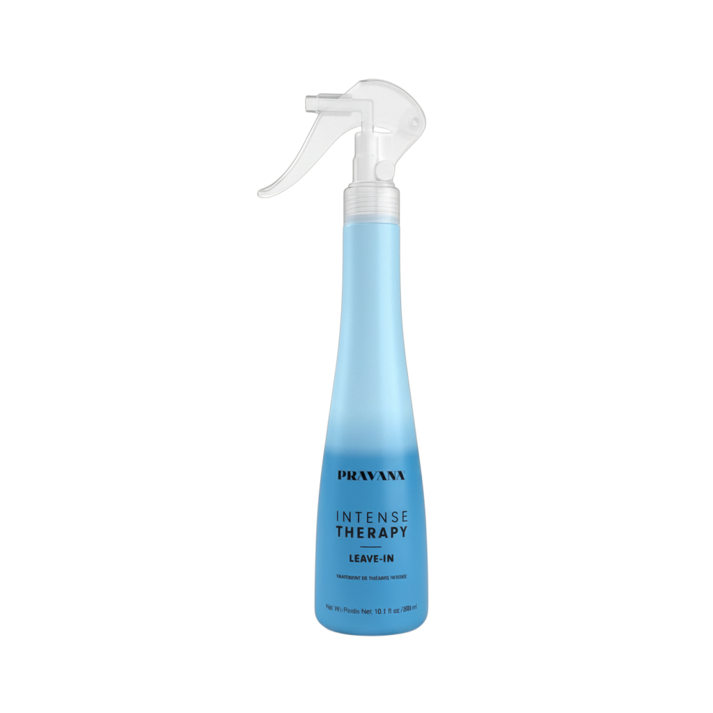 Blue spray bottle with Pravana branding on a white background