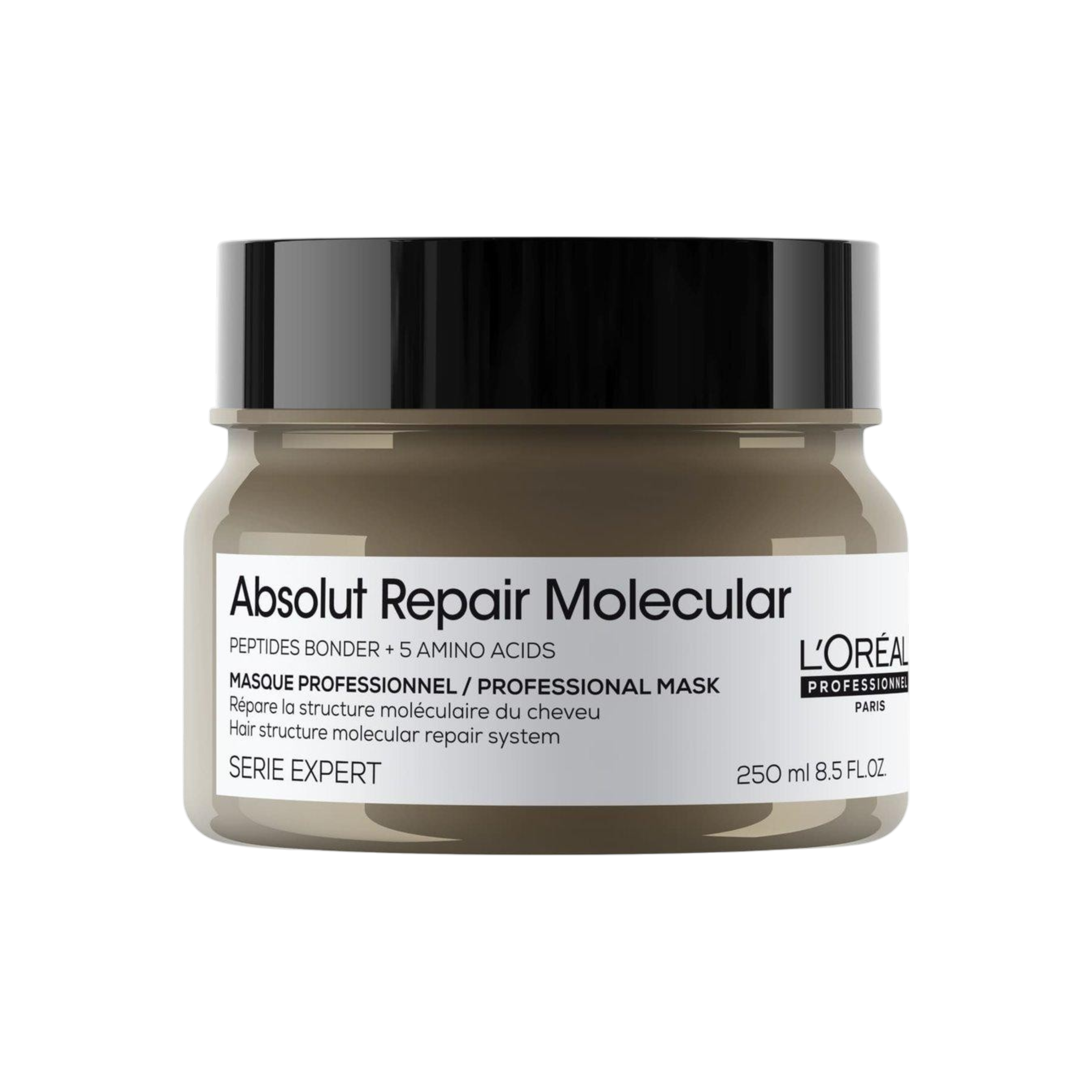 L'Oreal Professionnel Absolut Repair Molecular hair mask in a 250 ml jar with a black lid and a beige-brown translucent container, on a white background.