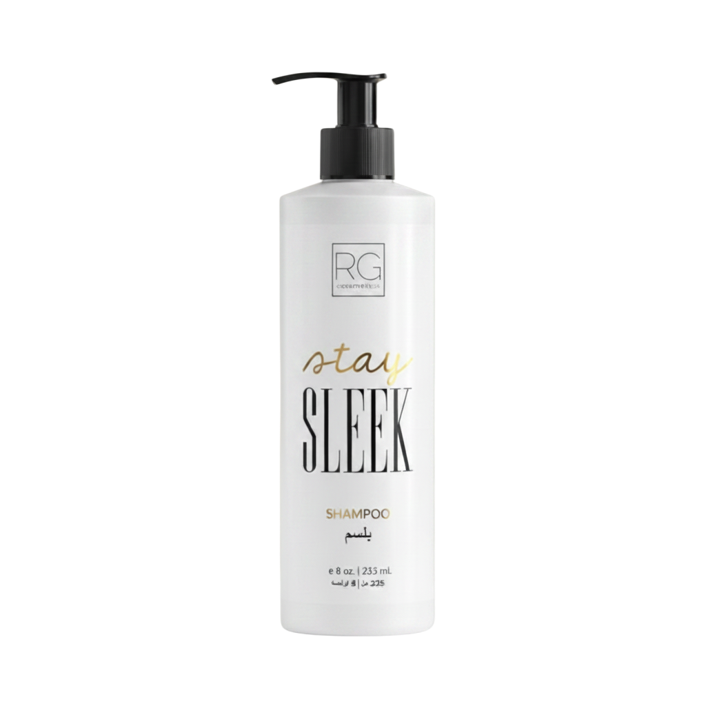 Shampoo bottle labeled 'stay SLEEK' on a white background