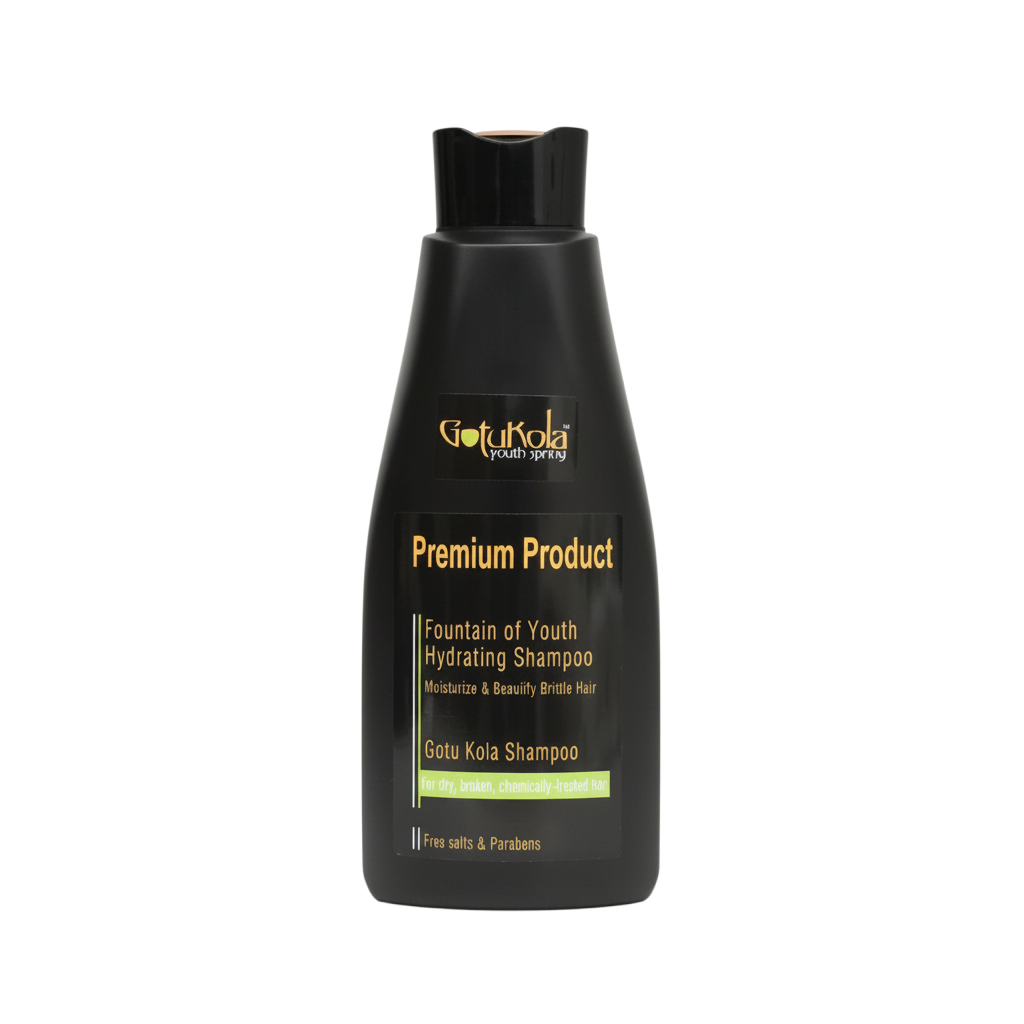 Black shampoo bottle with yellow text on a white background