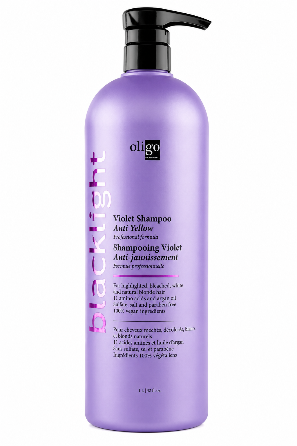 A 11 fl oz bottle of Oligo Blacklight Violet Shampoo with a black pump dispenser, set against a plain white background.