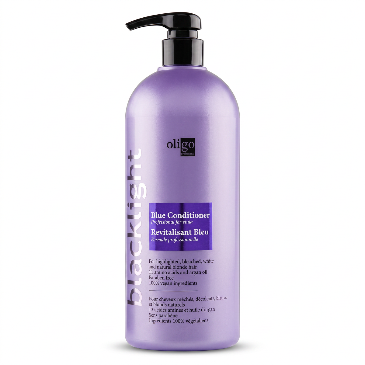 A lavender purple bottle of Oligo Blacklight Blue Conditioner with a black pump dispenser, shown on a clean white background.