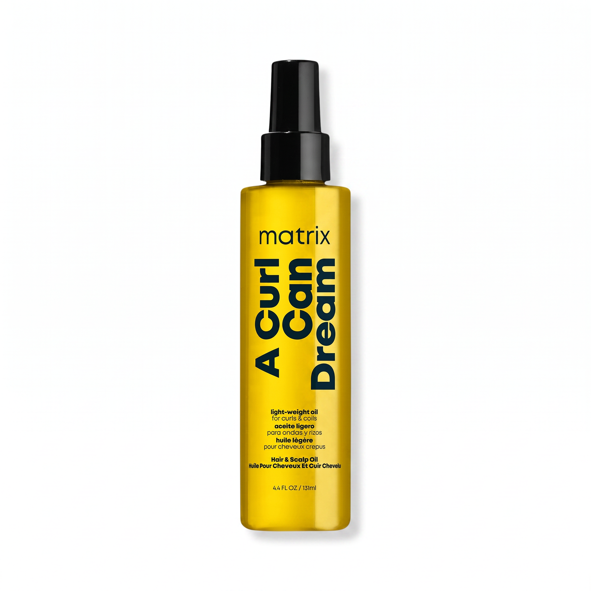 A bottle of Matrix A Curl Can Dream light-weight styling spray, featuring a metallic gold bottle and a black spray nozzle, set against a plain white background.
