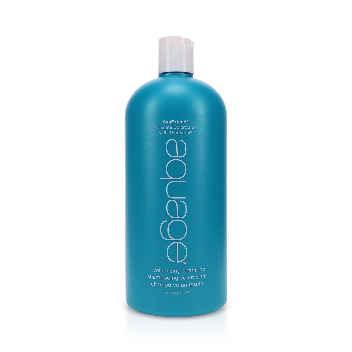A 1.1 US fluid ounce bottle of Eberbe volumizing shampoo with Thomas III, featuring a vibrant teal-blue bottle and a white cap, set against a plain white background.