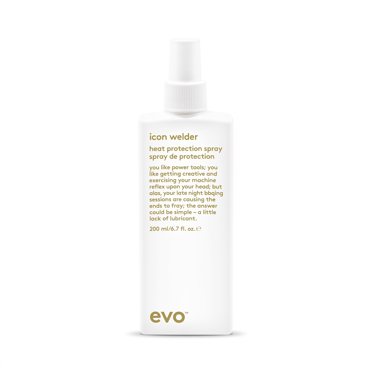 A white bottle of EVO Icon Welder heat protection spray deprotectant, featuring gold text and logo, set against a clean white background.