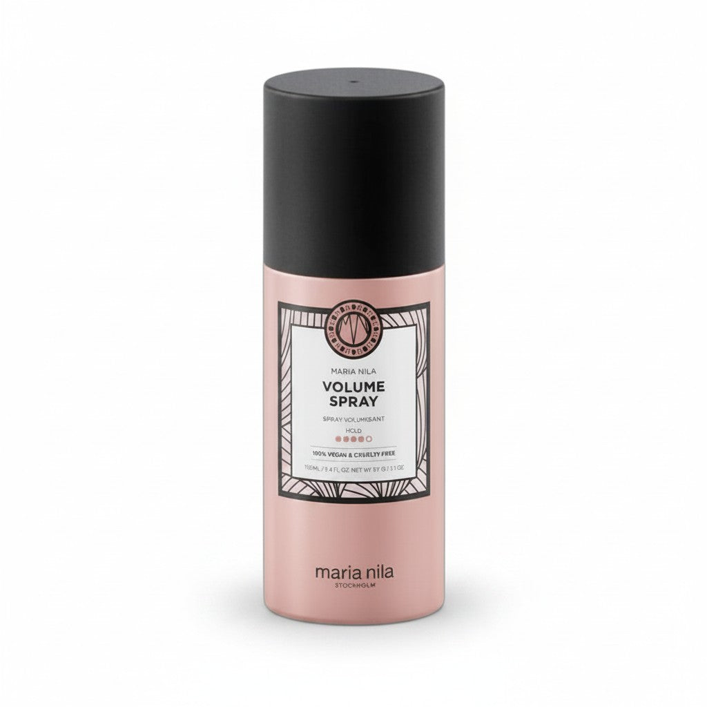 Maria Nila Volume Spray hair product in a cylindrical bottle with a black cap and a dusty pink body, shown on a clean white background.