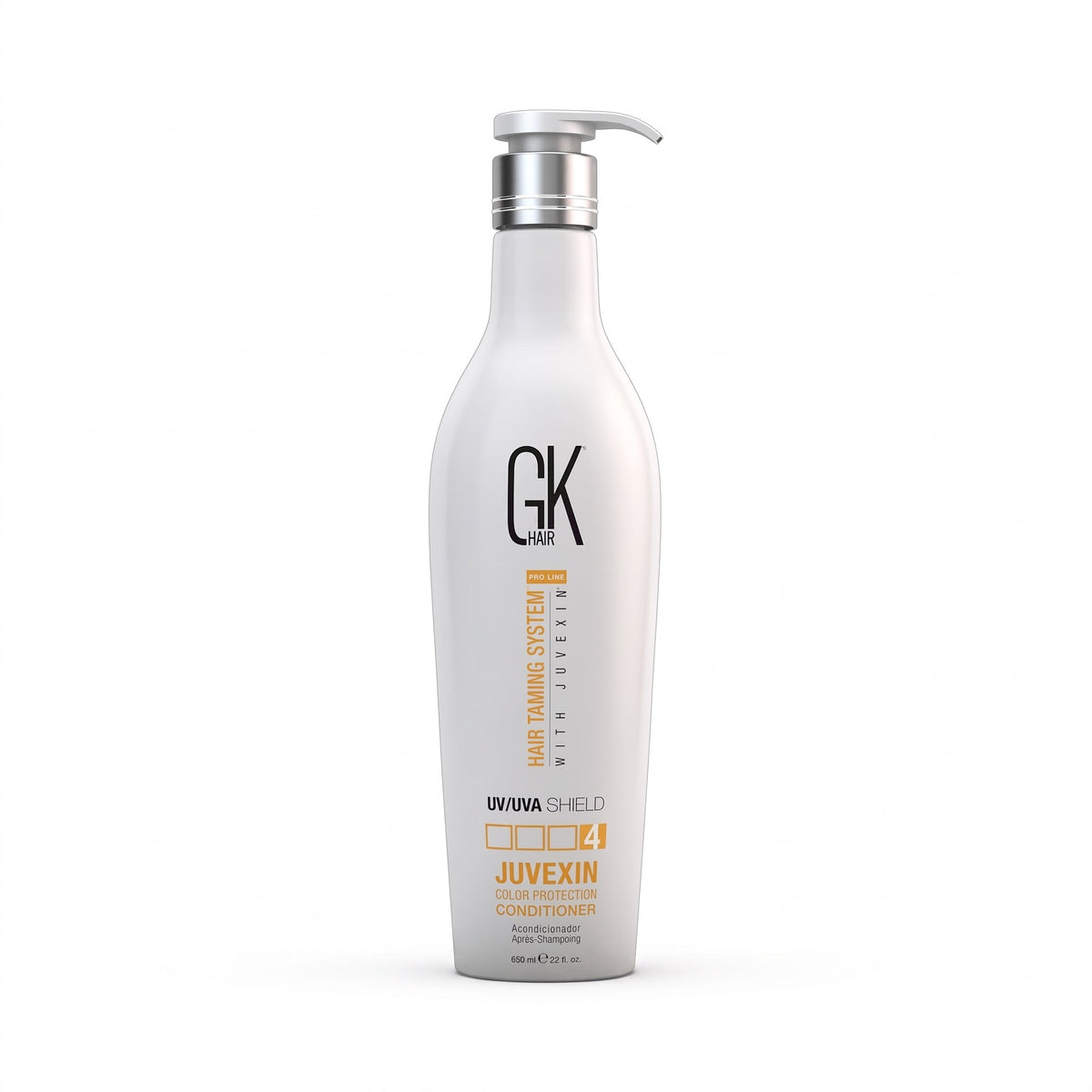 A 500ml white pump bottle of GK Beauty Uvuva Shield Juvexin Color Protection Conditioner, featuring a silver pump and black and orange text on the label, set against a plain white background.