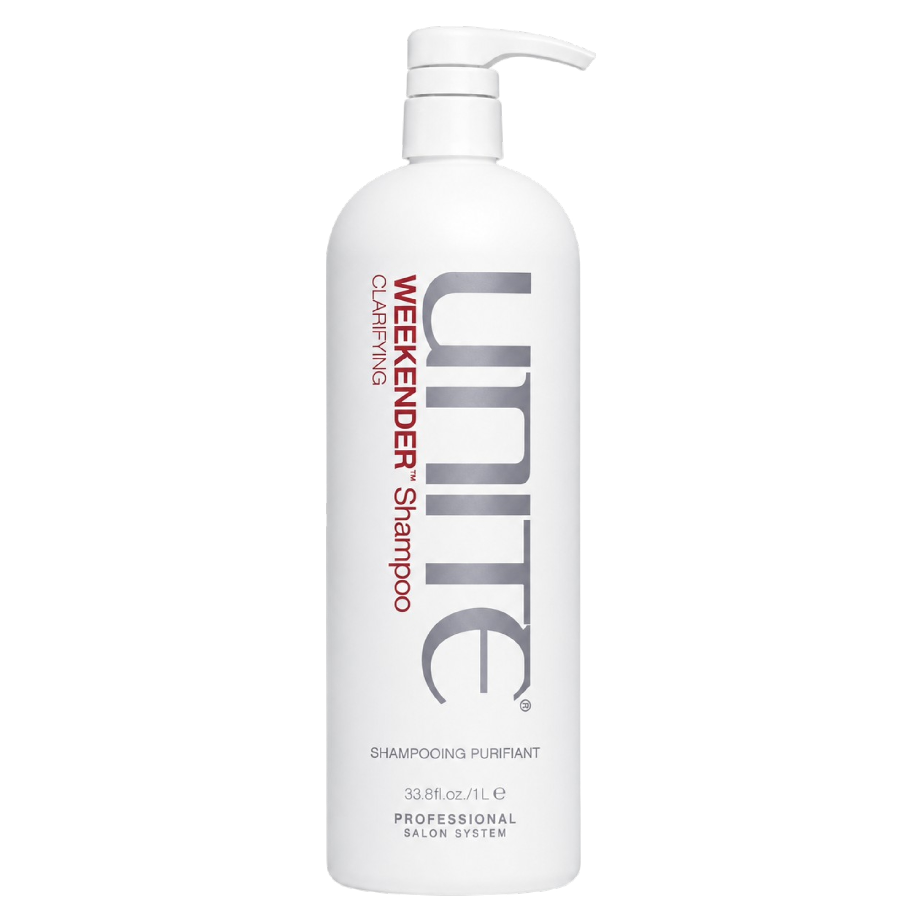 A 33.8 fl oz (1 L) white bottle of Unite Weekender Shampoo Clarifying, featuring a pump dispenser and gray and red text, on a solid white background.