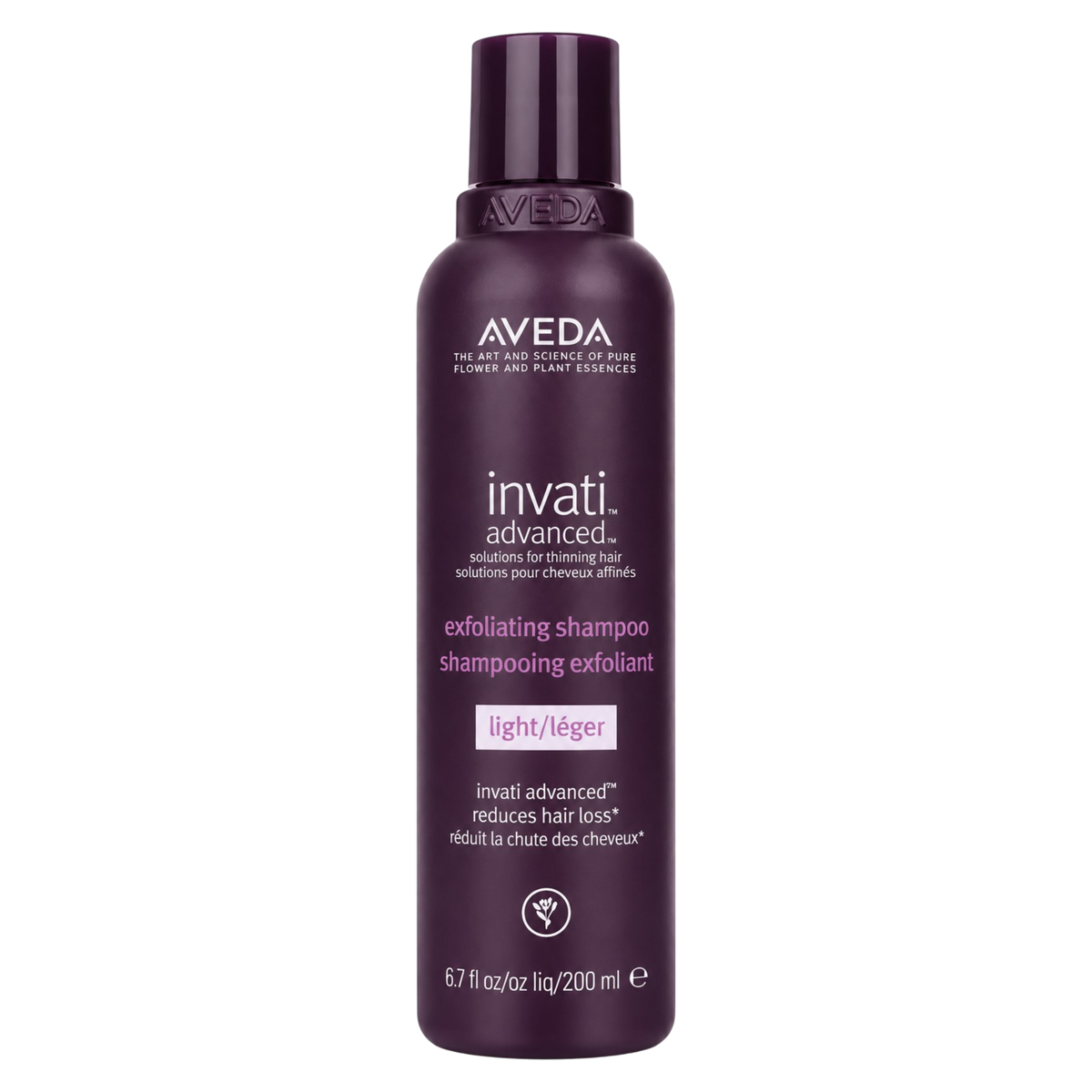 A bottle of Aveda Invati Advanced Exfoliating Shampoo in the Light/Légéer variant, featuring a dark purple bottle with white and pink text, set against a plain white background.