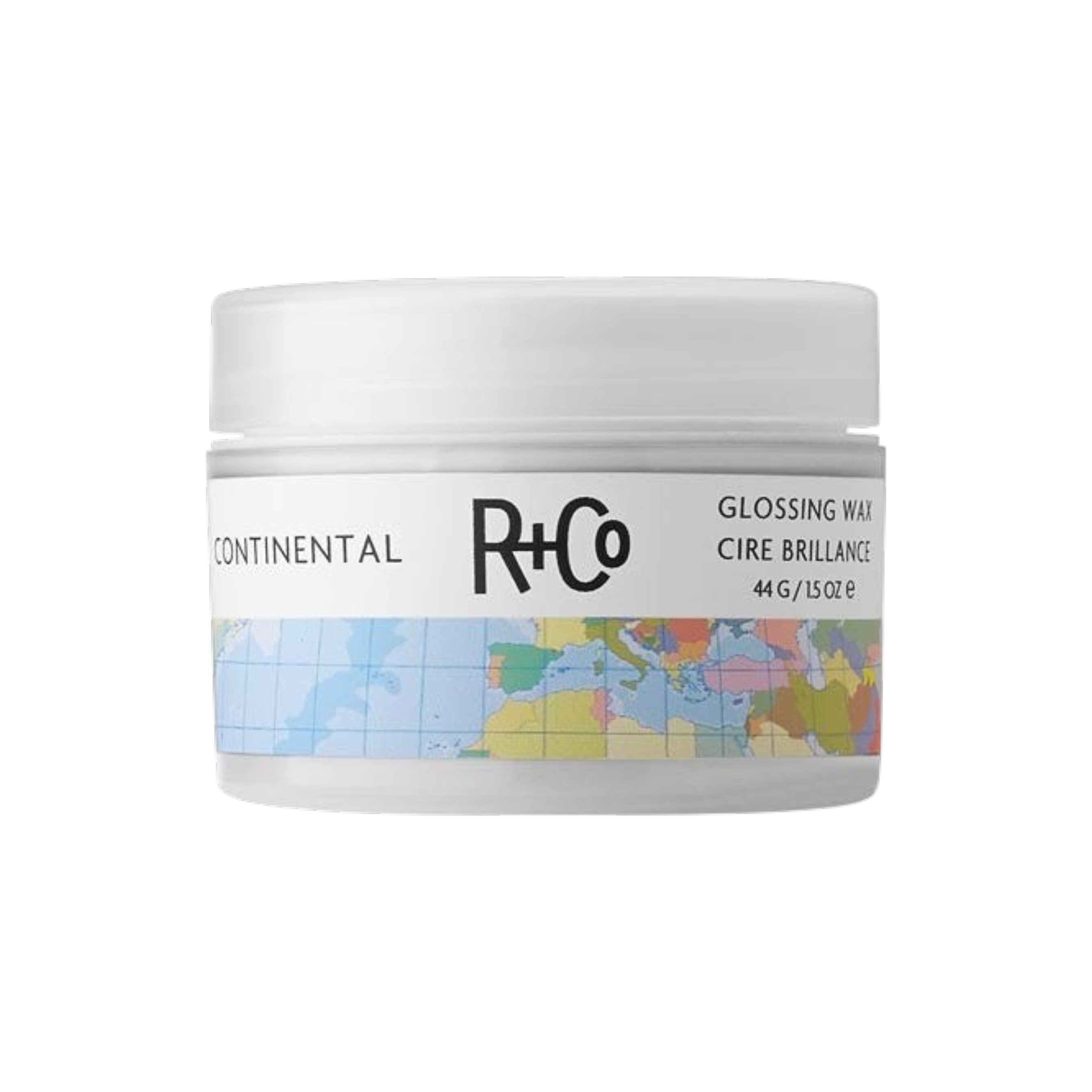 A white plastic jar of R+Co Continental Glossing Wax with a colorful world map graphic on the label, set against a plain white background.